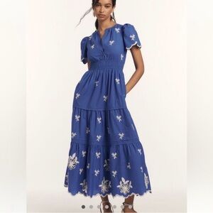 Anthropologie Somerset Embroidered Maxi Tiered Dress Blue White 1X Eyelet